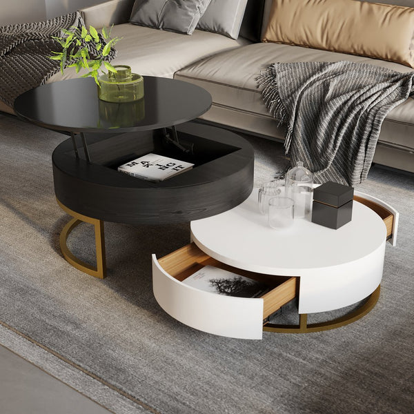 English Elm Dolce Round Lift-Top Wood Coffee Table with Convertible Heights and Sturdy Iron Frame, Modern Chic Black White B341S00041