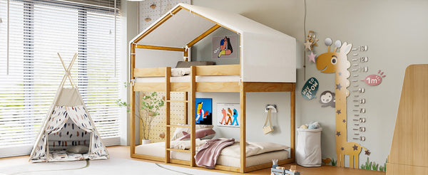 English Elm Twin Over Kids Bunk Bed with Tent Canopy Farmhouse Pinewood Playroom Frame Natural N708P248523M