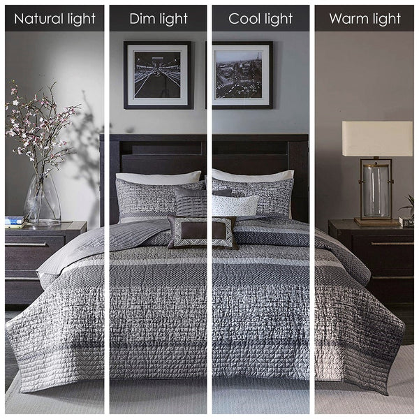 English Elm 6 Piece Reversible Jacquard Quilt Set with Embroidered Decorative Pillows, Chic Stripe Design Grey+Taupe 23.03 L x 17.91 W x 11.42 H B03597478