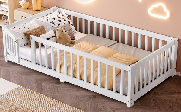 English Elm Twin Twin Size Floor Bed with Safety Guardrails and Playful Door for Kids, Pine/Plywood, Low Profile White W1580P338944