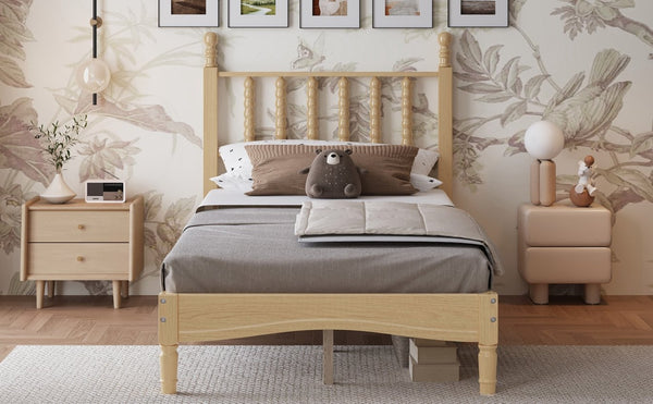 English Elm Twin Rubberwood Platform Bed Gourd Headboard Retro Bohemian Bedroom Slat Base Natural N733P427029M