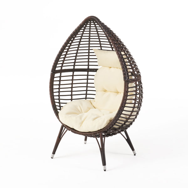 English Elm Christopher Knight Home® - CUTTER Teardrop Wicker Patio Chair with Water‑Resistant Beige Cushion, Metal Resin Frame, Plush Comfort 55787.00MBRN