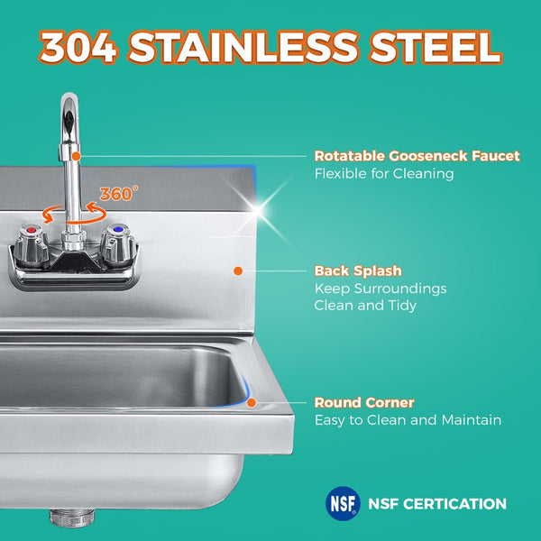 English Elm 17" Stainless Steel Wall Mounted Hand Sink Nsf Certified for Commercial Kitchens W3629P365488