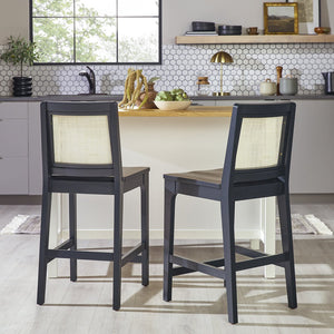English Elm Walker Edison - Transitional Solid Rubberwood & Woven Rattan Counter Stools Set of 2 in Black — Durable, Easy-Clean, Floor-Protecting Sliders B185P169231
