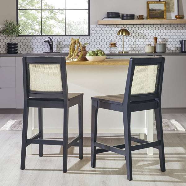 English Elm Walker Edison - Transitional Solid Rubberwood & Woven Rattan Counter Stools Set of 2 in Black — Durable, Easy-Clean, Floor-Protecting Sliders B185P169231