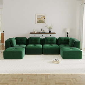 English Elm Modern Corduroy Modular Sectional with Tufted Cushions Two Ottomans Living Room Green W714S01800