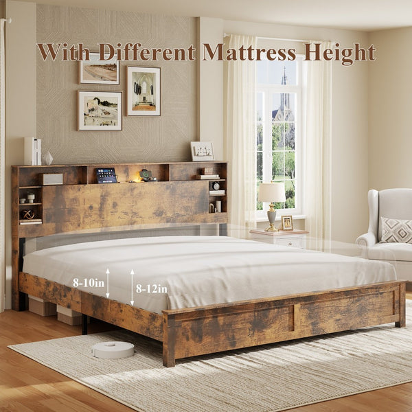 English Elm Wood Queen Platform Bed Bookcase Headboard with Led Lighting and Charging Station W636P444679