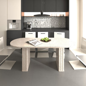 English Elm Kitchen extendable dining table with travertine-inspired melamine top, rounded edges, sturdy wooden base for family gatherings Beige W1347S00017