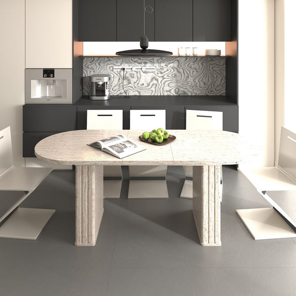 English Elm Kitchen extendable dining table with travertine-inspired melamine top, rounded edges, sturdy wooden base for family gatherings Beige W1347S00017