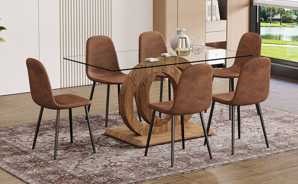 English Elm 1 Stylish Rectangular Dining Table With 6 Brown Chairs - Clear Glass Top & Modern Mdf Base Set W1151S04024