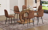 English Elm 1 Table and 6 Chairs Set.63"X35.4X30" Rectangular Transprant Tempered Glass Dining Tabletop With Wood Color Mdf Oc Shaped Bracket.Paired With 6 Brown Technology Fabric Dining Chairs.