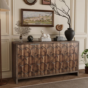 English Elm Accent Farmhouse Sideboard with Fluted Four Door Wood Storage for Dining or Entryway W1435P216113