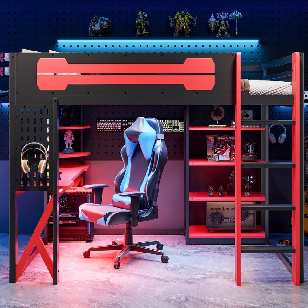 English Elm Full Size Loft Bed with Rgb Lighting Chevron Desk Usb Charging Ports and Storage Shelves Black+Red LT000286AAR