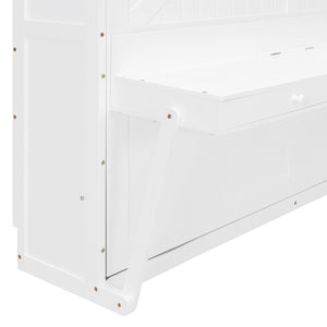 English Elm Queen Murphy Bed Cabinet with Vanity Desk Hydraulic Lift Mirror Distressed Finish White LP000766AAK-1