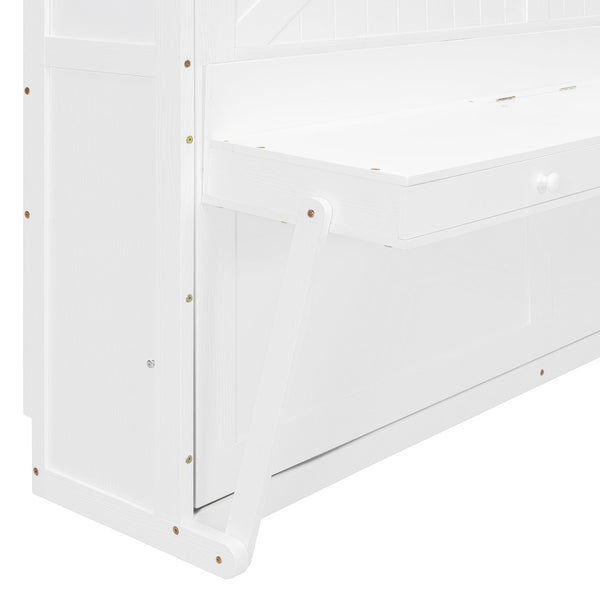English Elm Queen Murphy Bed Cabinet with Vanity Desk Hydraulic Lift Mirror Distressed Finish White LP000766AAK-1