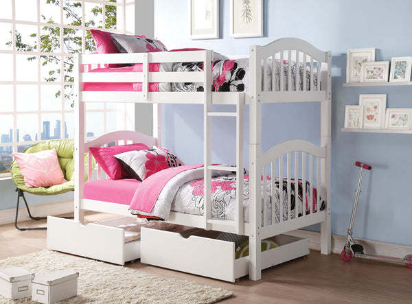 English Elm White Twin Over Twin Bunk Bed Convertible to Two Beds with Right Ladder, Guard Rail & Sturdy Slats B062S00498