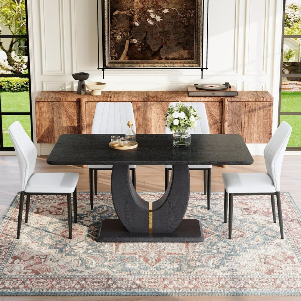 English Elm One 5 Piece Dining Set 63 Inch Table Dark Wood Grain Top with Brown Fabric Chairs Black,White W1151S04435