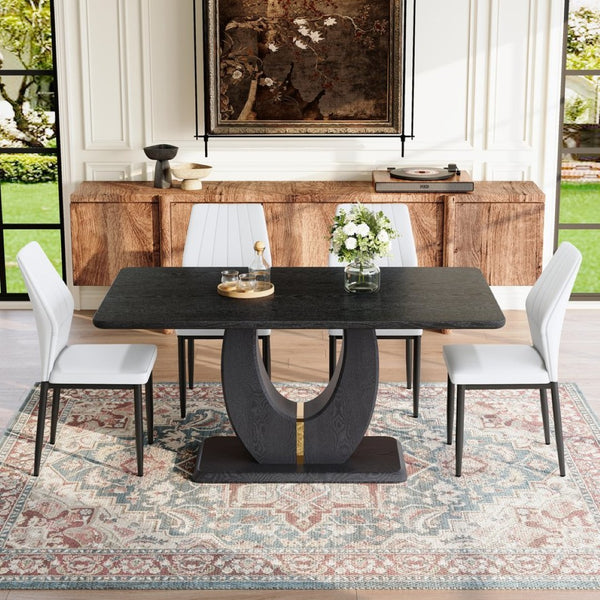 English Elm One 5 Piece Dining Set 63 Inch Table Dark Wood Grain Top with Brown Fabric Chairs Black,White W1151S04435