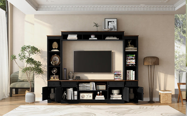 English Elm U-can Farmhouse Wall Unit with Barn Doors Built-in Power Outlets and Open Shelving Black+Brown SJ000154AAB