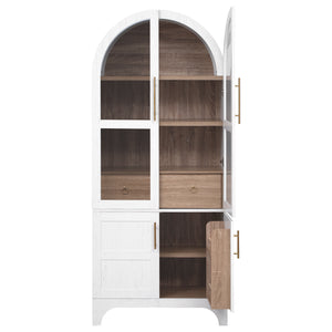 English Elm K&K Arched 71" Kitchen Pantry Cabinet with Glass Doors, Brass Handles, Adjustable Shelves & Drawer White N707P288969W