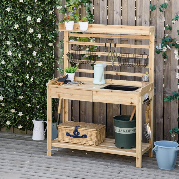 English Elm Outsunny Versatile Potting Bench With Removable Sink, Metal Sieve, Hooks & Baskets For Outdoor Use W2225P174501-GIGA