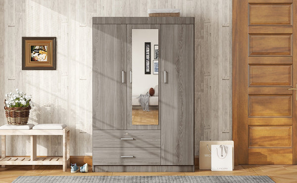 English Elm 3-door Wardrobe with Full Length Mirror Lockable Drawer and Bedroom Shelf Storage Gray LP006601AAE