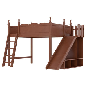 English Elm Twin Loft Bed Solid Pine Frame with Wardrobe Shelving Detachable Slide Kids Room Antique Natural W5305S00025