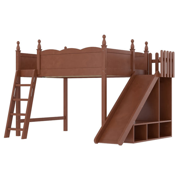 English Elm Twin Loft Bed Solid Pine Frame with Wardrobe Shelving Detachable Slide Kids Room Antique Natural W5305S00025