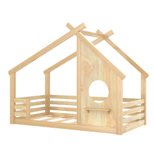 English Elm Twin House Floor Bed with Window & Shelf, Solid Wood Pitched Roof Design for Safe Cozy Sleep Natural W1580P362691