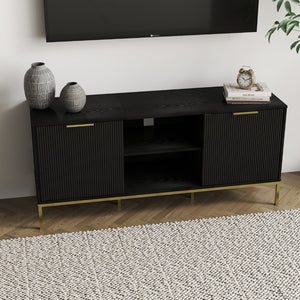 English Elm Modern Wave Door Media Console with Gold Legs Soft Close Hinges and Open Shelf W3151P407896