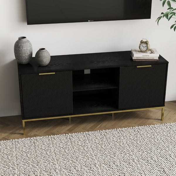 English Elm Modern Wave Door Media Console with Gold Legs Soft Close Hinges and Open Shelf W3151P407896