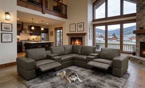 English Elm Premium Leather Match Sectional with Dual Recliners Cup Holders and Storage Console Olive Green B2748S00159