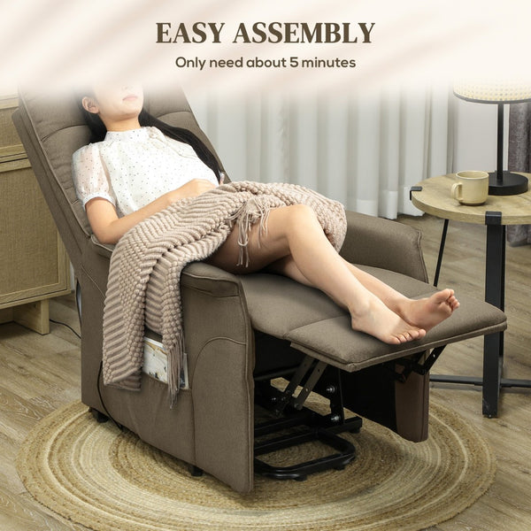 English Elm Fabric Power Lift Recliner Chair with Tufted Linen Feel Upholstery and Side Storage Pocket Brown T3971P412392