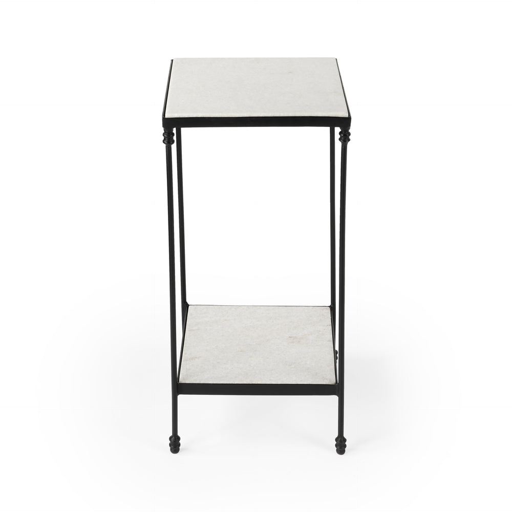 Butler Specialty Larkin Outdoor Square Table With Elegant White Marble Top And Functional Lower Shelf For Patios Black Iron,Marble 3319437-butler