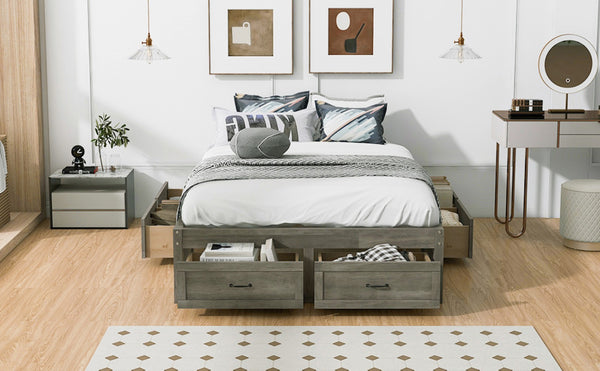 English Elm Full Platform Bed Six Built in Storage Drawers Low Profile Contemporary Frame Antique Gray N708P263021E-1