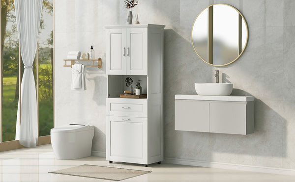 English Elm Tall Bathroom Cabinet with Tilt-Out Laundry Hamper, Adjustable Shelves, Anti-Tip Design & Large Storage White WF323481AAK