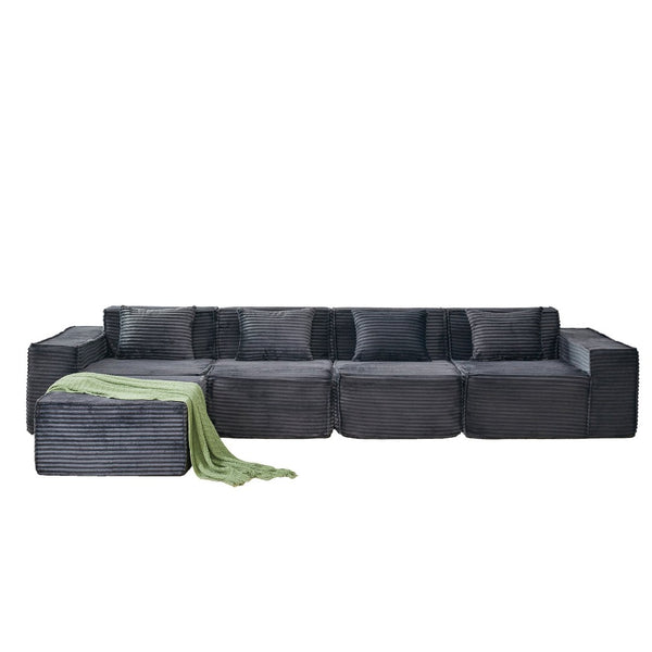 English Elm L-shaped Modular Sectional with Ottoman Corduroy Upholstery Four Seat Living Room Sofa Dark Gray W2699S00092