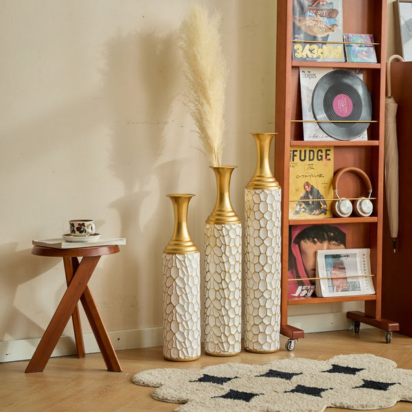 English Elm Floor Modern Metal Vase Set Of 3 – Luxe White With Gold Accents For Stylish Home Décor & Elegance W2796P255600