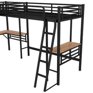 English Elm Twin Metal Loft Bed with Two Built-In Desks, Black — Space-Saving L-Shaped Twin Bunk for Study & Sleep GX001114AAB-1