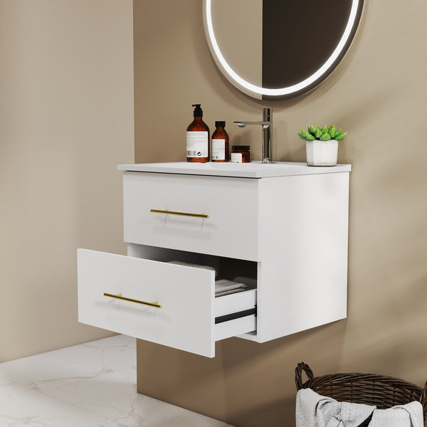 English Elm 24-Inch Wall-Mounted Vanity With Ceramic Sink, Dual Drawers, Gold Handles, Space-Saving Design W3151S00038