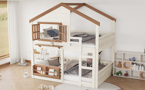 English Elm Full Bunk Bed with Trundle Bookshelf Storage Pine Frame Car Design for Kids Beige W1580S00523