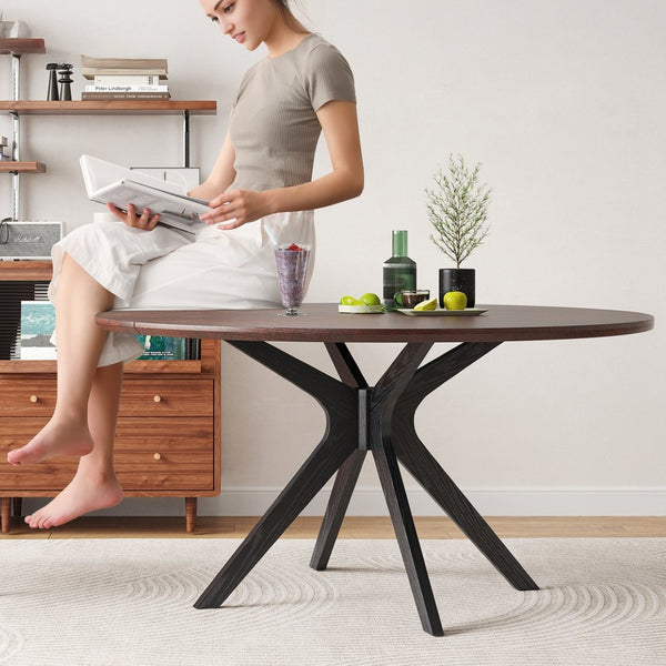 English Elm 47" Round Wood Dining Table Seats Six with Industrial Metal Base for Modern Homes Black + Dark Walnut T3623P437343