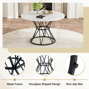 English Elm A Round Marble Patterned Mdf Dining Table with Matte Hourglass Base Seats Six White+Black W1151P434791