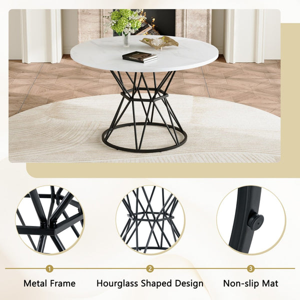 English Elm A Round Marble Patterned Mdf Dining Table with Matte Hourglass Base Seats Six White+Black W1151P434791
