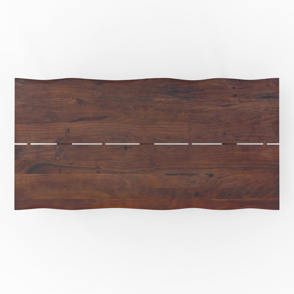 English Elm Delta Delta Dining Table handcrafted solid acacia wood 72"x36" live edge top with black iron legs durable finish Walnut B136P203497