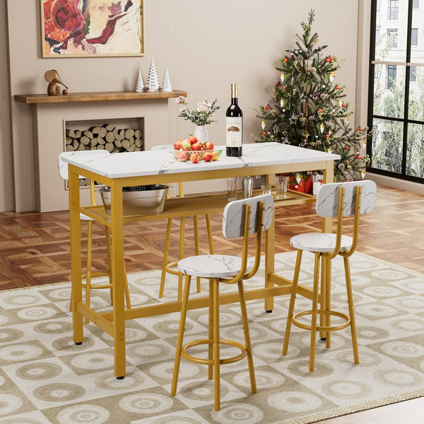English Elm 5-Piece Chic Counter Height Dining Set White & Gold – Space-Saving MDF Bar Table with 4 Chairs W578P303838