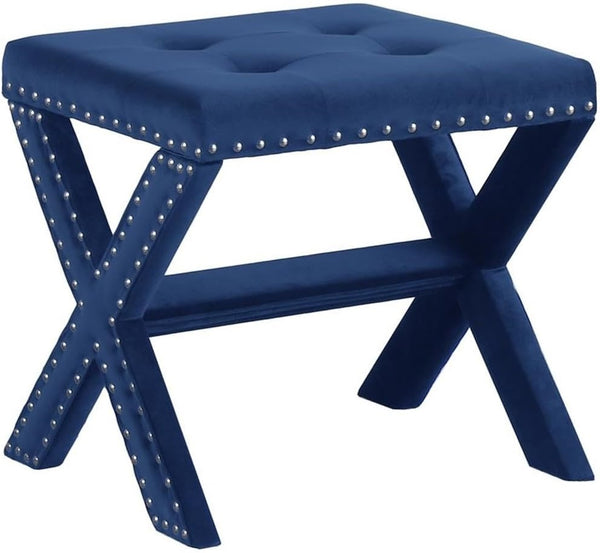 English Elm Velvet Small Tufted Accent Bench with Nailhead Trim and X-Leg Frame, Plush Foam Seat for Entryway Blue 20 L x 19 W x 7 H B011P357491