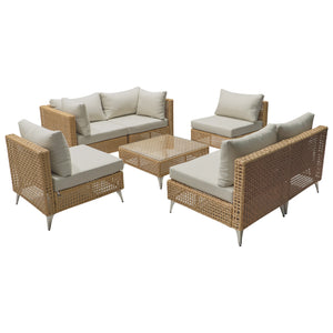 English Elm K&K 8-Piece Patio Conversation Set with 43" 60,000 BTU Propane Fire Pit, UV Wicker & Thick Cushions Beige,Orange N707S000012Z
