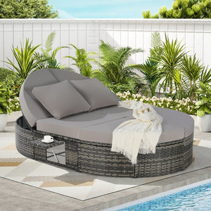 English Elm Outdoor Round Pe Rattan Daybed with Reclining Backrest and Built in Cup Trays Light Gray W874S00078