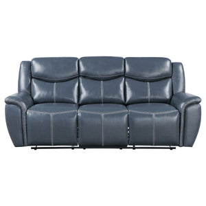 English Elm Stanwicke Blue 2-Piece Reclining Sofa Set with Loveseat Console, Faux Leather, Contrast Stitching, Pillowtop Arms for Ultimate Comfort B062S01275